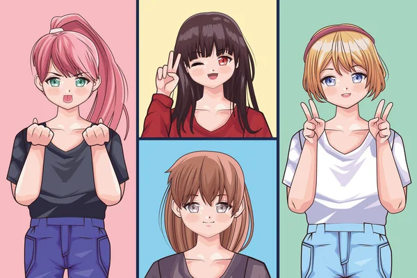 Meisjes anime vier personages — Stockvector