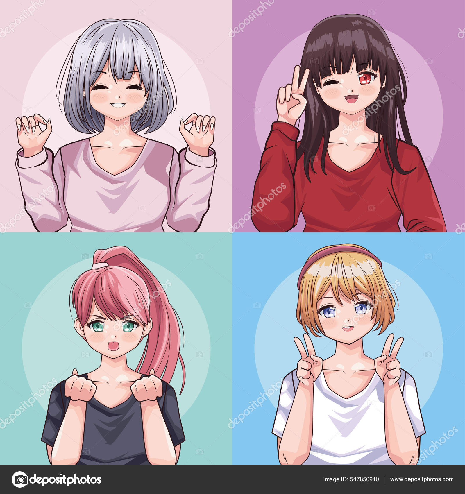 Set Of Four Anime Icons With Girls Stock Illustration - Download