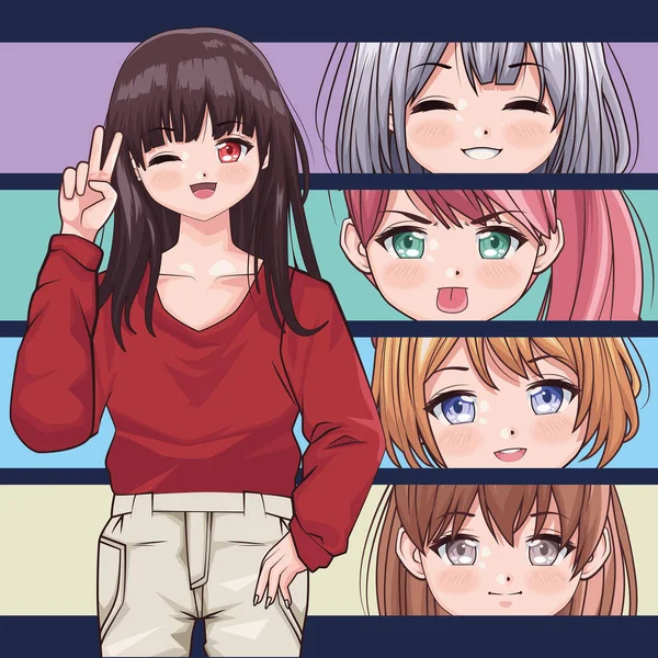 Flickor ansikten anime stil — Stock vektor