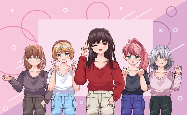 Grupo Do Perfil Das Jovens Mulheres Do Anime Ilustração do Vetor