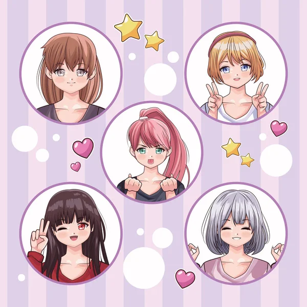 Cinco damas estilo anime — Vector de stock