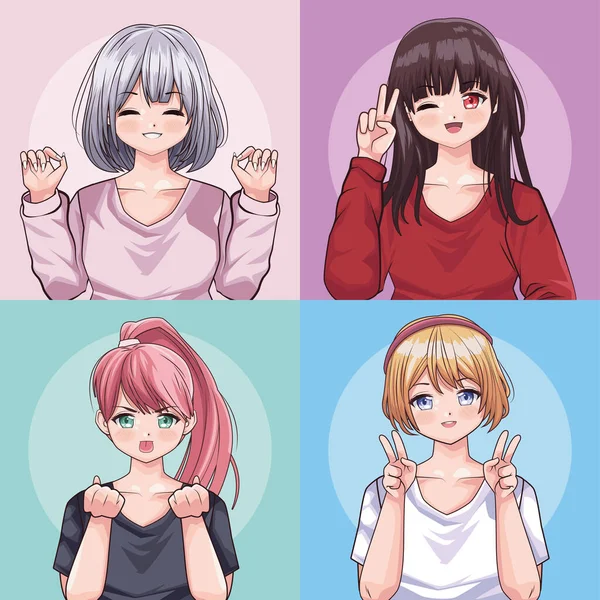 Cztery dziewczyny w stylu anime — Wektor stockowy