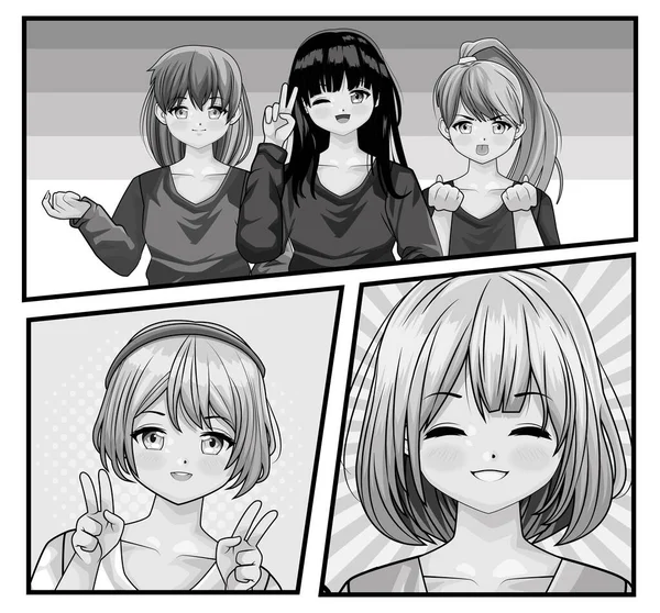 Pět dívek monochromatický anime — Stockový vektor