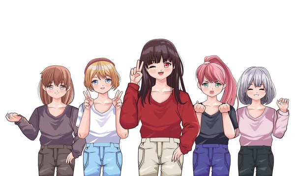 5人の女の子のアニメ — ストックベクタ