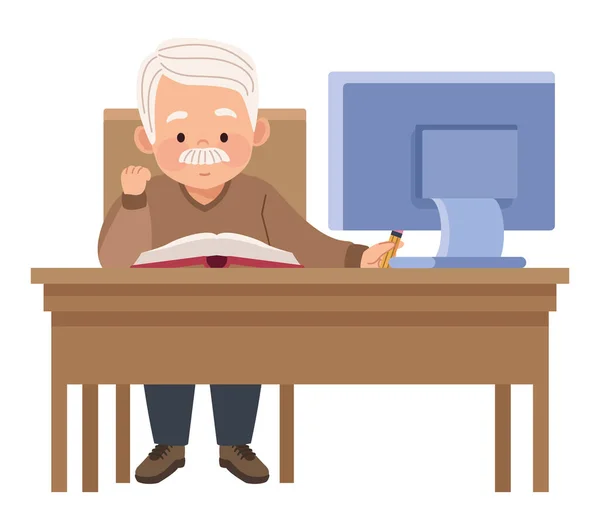 Old man reading textbook — Stock Vector