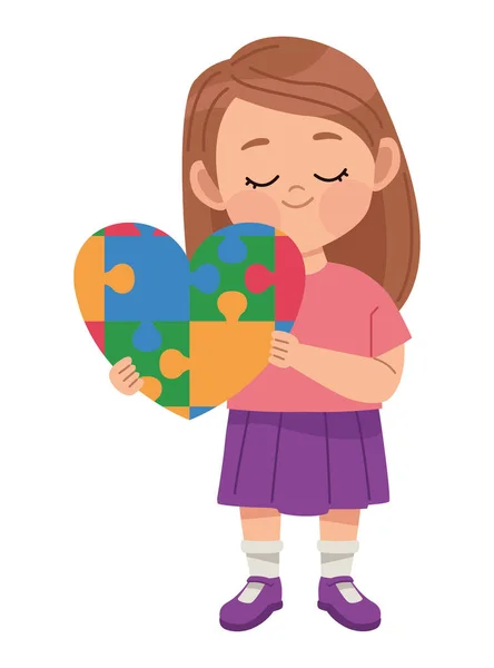 Menina autista com coração de quebra-cabeça — Vetor de Stock