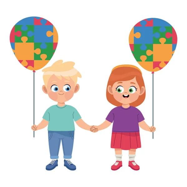 Autistic kids with puzzle balloons — Stock Vector