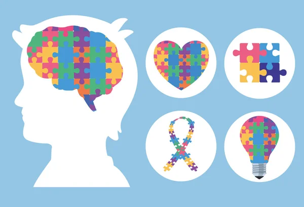 Cinco ícones do dia do autismo — Vetor de Stock