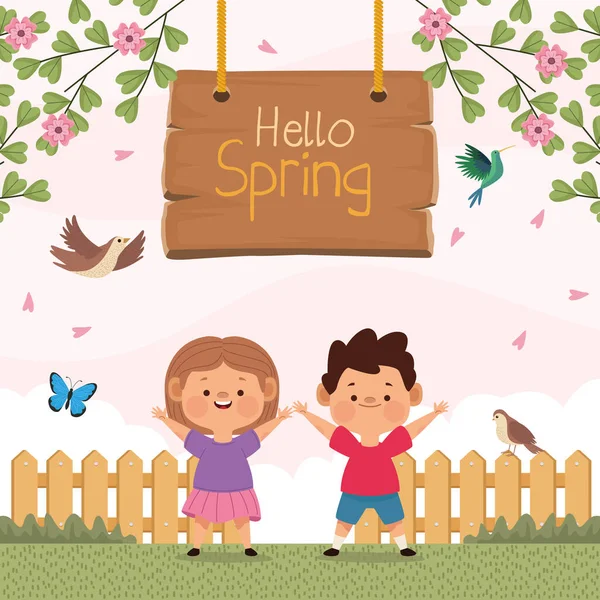 Hello spring and kids couple — Stock Vector