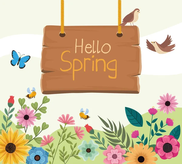 Hola primavera letras colgando — Vector de stock