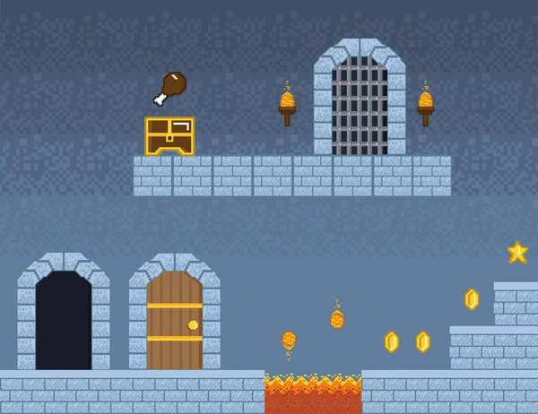 Pixelart scena del castello del videogioco — Vettoriale Stock