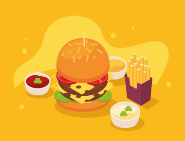 İzometrik hamburger ve soslar.