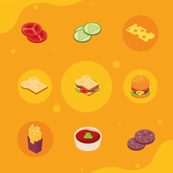 Nueve iconos isométricos de comida rápida — Vector de stock