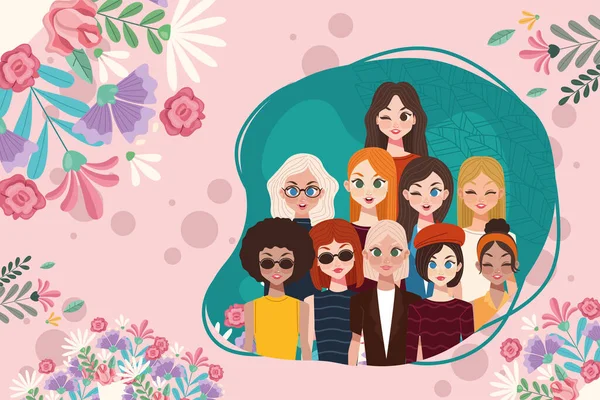 Grupo de mujeres en marco floral — Vector de stock