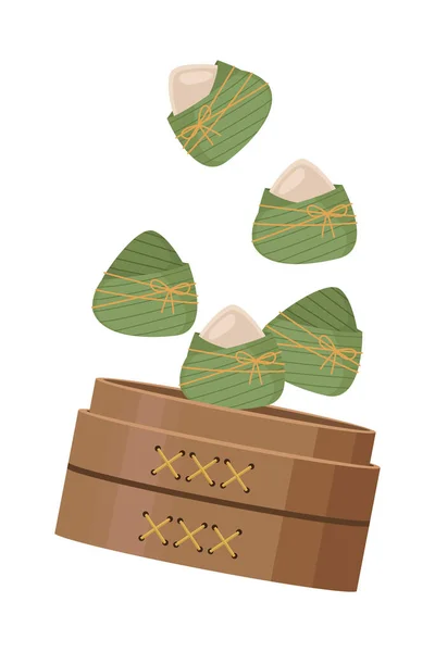 Comida zongzi en cesta de madera — Vector de stock