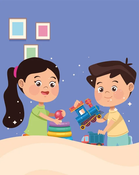 Kids couple playing and toys — Stock Vector