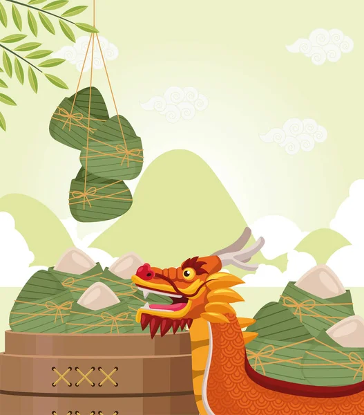 Zongzi e barco dragão — Vetor de Stock