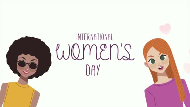 Feliz dia das mulheres lettering com meninas — Vídeo de Stock