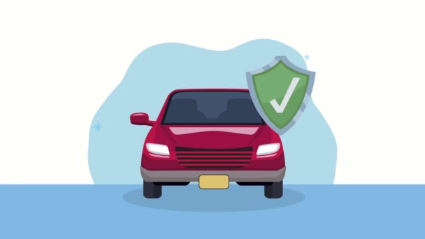 Animación de servicio de seguros con coche y escudo — Vídeo de stock