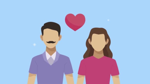 Amantes pareja con personajes de corazón — Vídeos de Stock