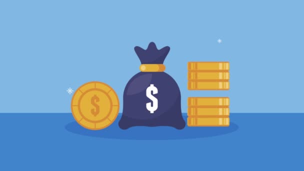 Finanční podnikání animace s taškou na peníze a mince — Stock video