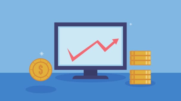 Animación financiera de negocios con monedas y escritorio — Vídeo de stock