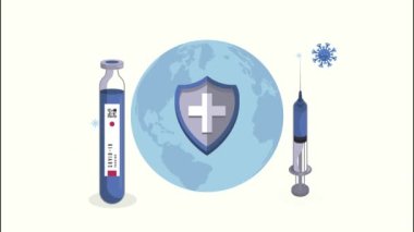 Covid19 aşı şişesi ve kalkanlı şırınga