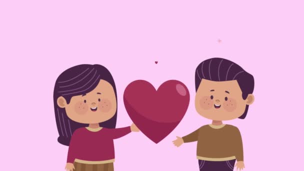 Poco amantes pareja con corazones animación — Vídeo de stock