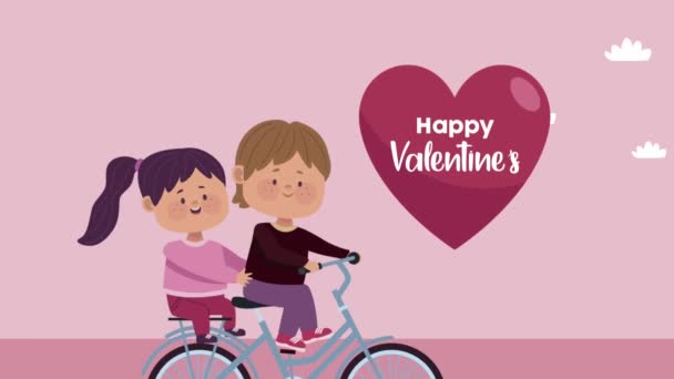 Happy valentines day animation with little lovers in bicycle — Stock Video