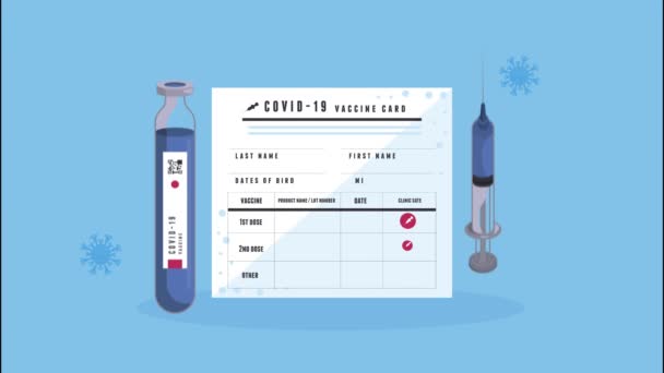 Kartu vaksin covid19 dengan botol dan jarum suntik — Stok Video