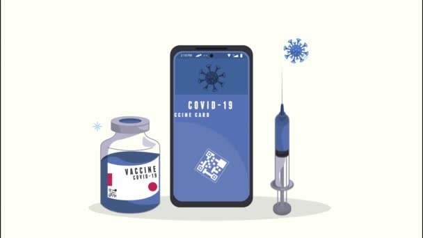 Covid19 digitaal vaccincertificaat en injectieflacon met spuit — Stockvideo