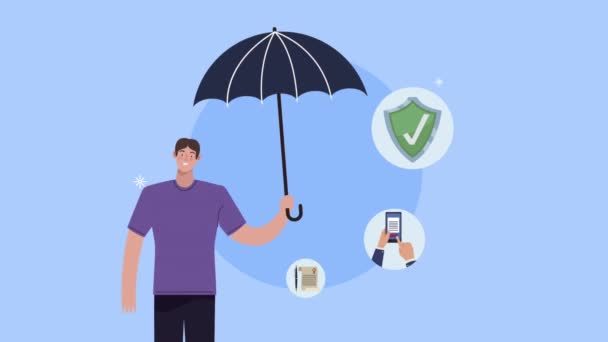 Hombre de servicio de seguros con paraguas e iconos — Vídeos de Stock