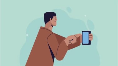 Genç adam akıllı telefon animasyonu kullanıyor