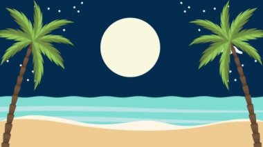 Geceleri deniz manzarası ve palmiyeler.