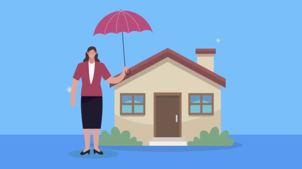 Agente de servicios de seguros con paraguas y casa — Vídeo de stock