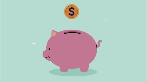 Piggy besparingar med mynt pengar — Stockvideo