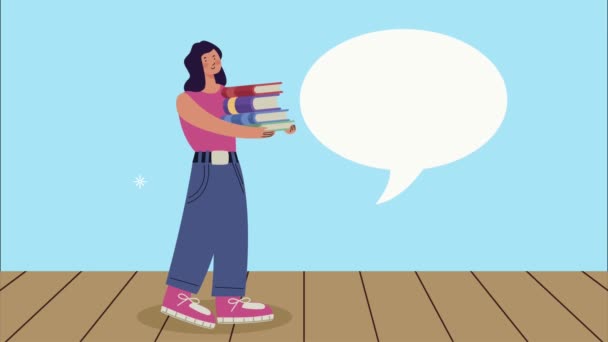 Éxito mujer con libros de animación — Vídeos de Stock