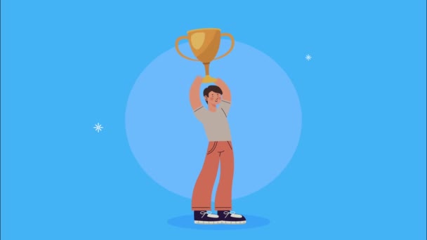 Homem de sucesso levantando animação copo troféu — Vídeo de Stock