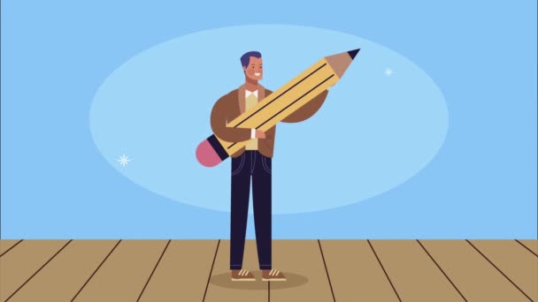 Successful man with pencil animation — Stock Video