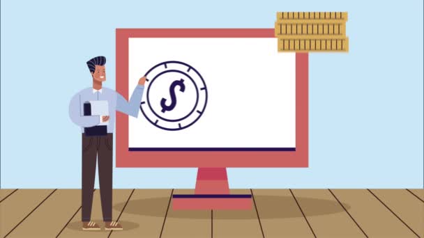 Succesvolle man met desktop animatie — Stockvideo