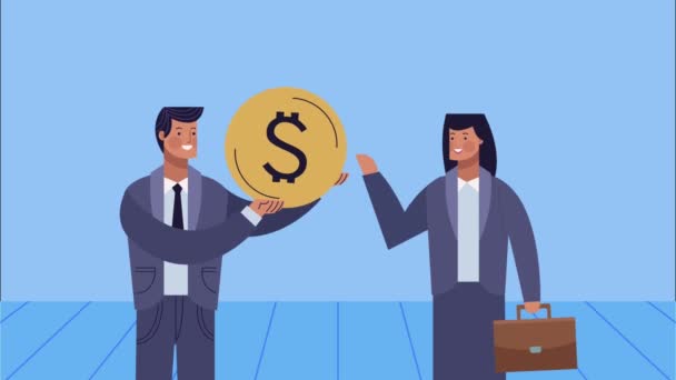 Successful couple with coin animation — Stock Video