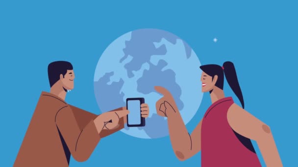 Couple avec smartphone et planète terre — Video