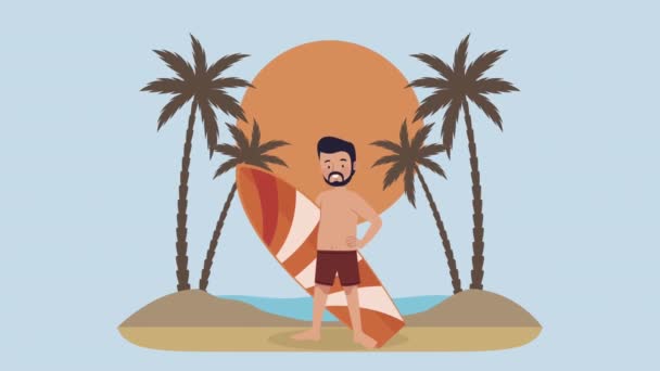 Surfer man with orange surfboard beach scene — Stock Video