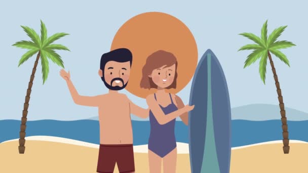 Surfistas casal com prancha na praia — Vídeo de Stock
