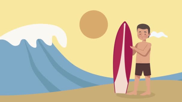 Surfeur masculin avec planche de surf rouge scène de plage — Video