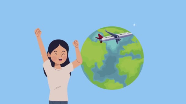 Подорожня жінка з літаком на планеті Земля — стокове відео