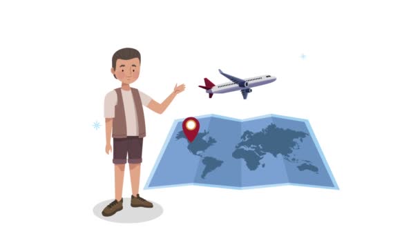 Young tourist man with airplane and paper map — Stock Video