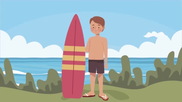 Jeune touriste avec planche de surf — Video