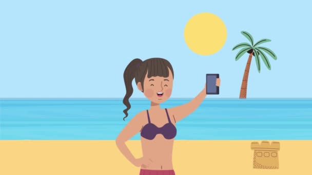 Ταξιδιώτισσα γυναίκα να λάβει μια selfie θαλασσογραφία — Αρχείο Βίντεο