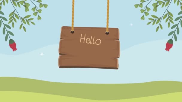 Ahoj jarní nápis v dřevěném štítku — Stock video